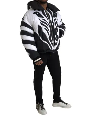 Black White Stripes Hooded Puffer Jacket