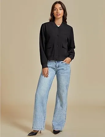 Black Women's Casual Fully Buttoned Jackets Baseball Collar Front Pocket Moderate Fit Slight Stretch.