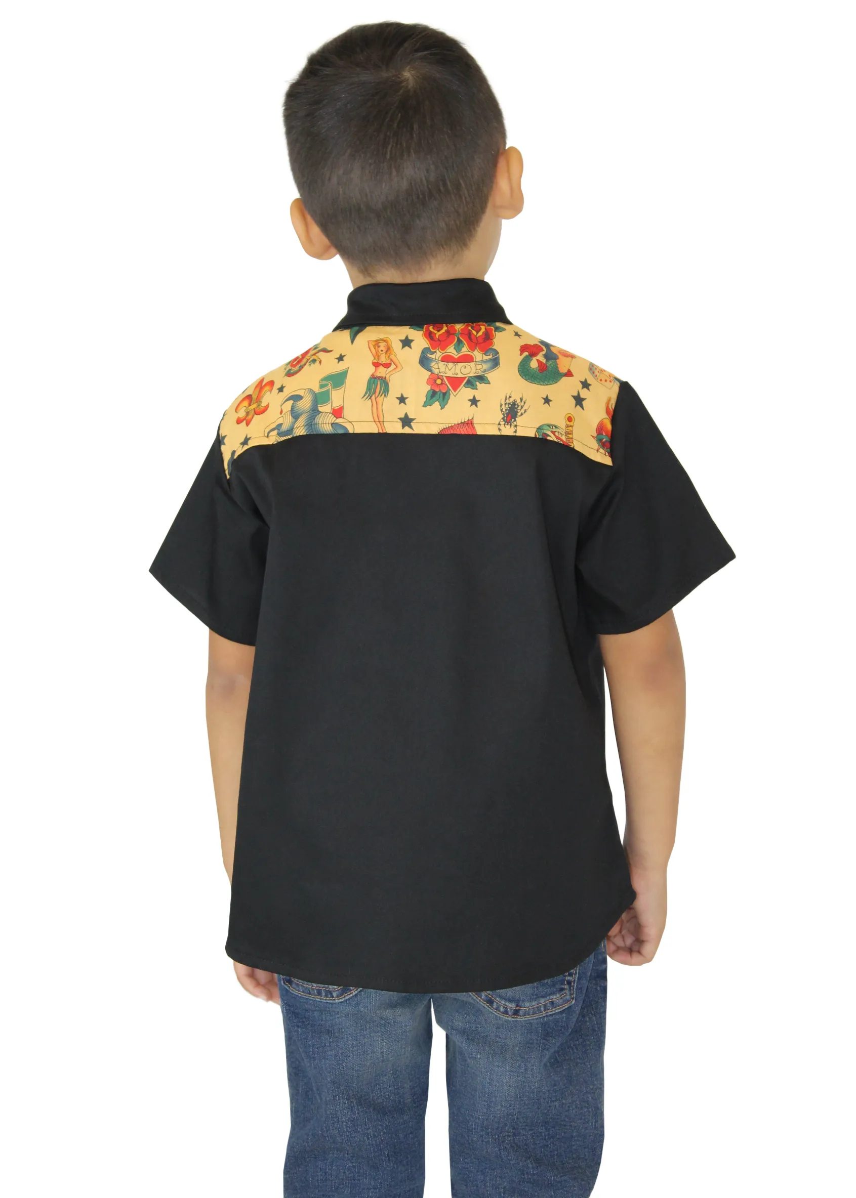 Boy's Rockabilly Tattoo Western Top in Mustard #TWTM