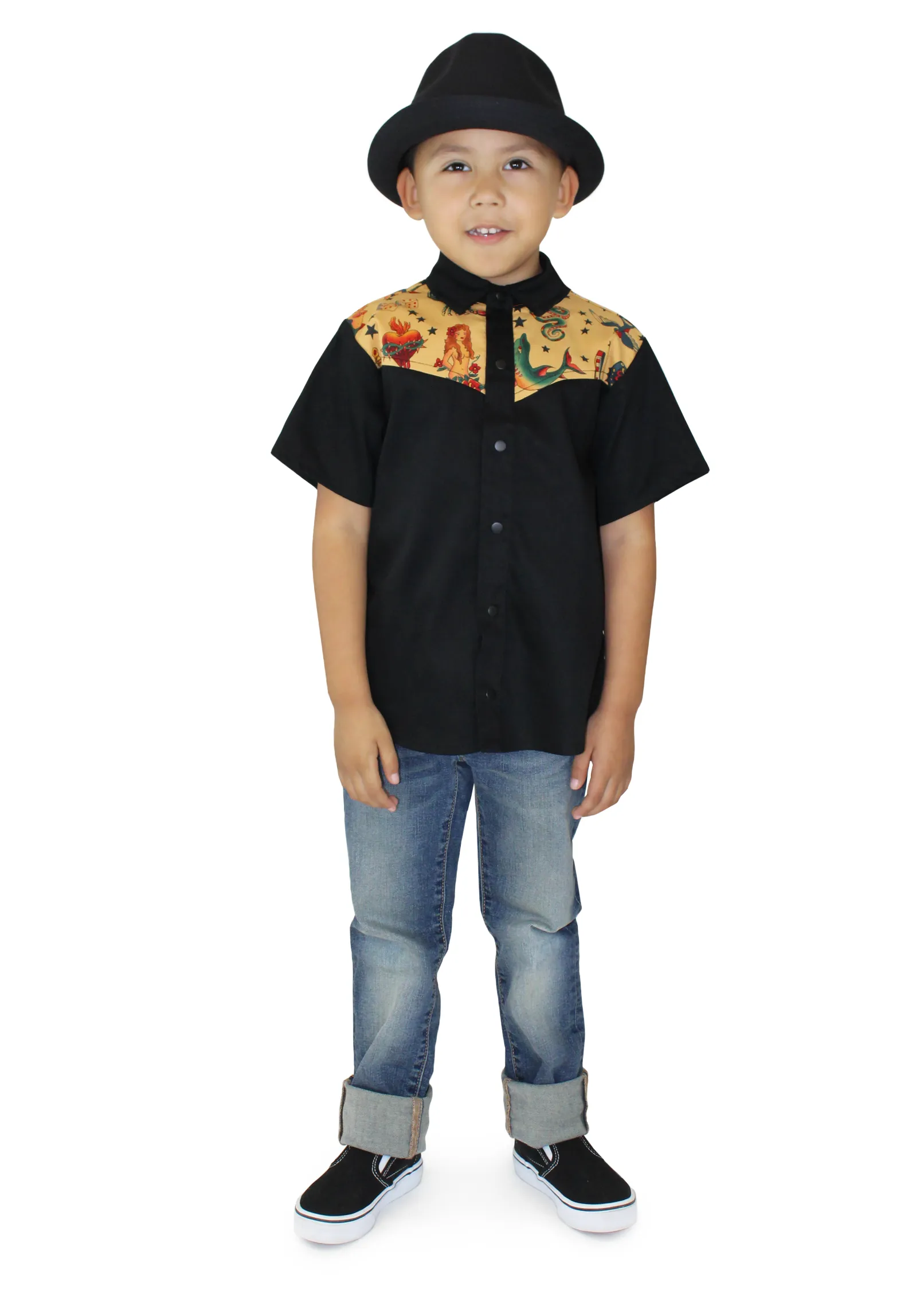 Boy's Rockabilly Tattoo Western Top in Mustard #TWTM