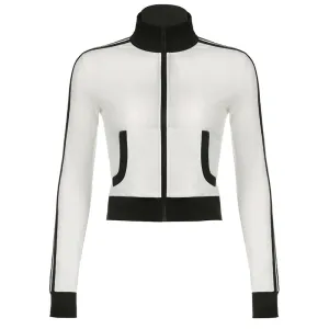Casual Skinny Turtleneck Zip Up Jacket for Female Moto&Biker Style Sporty Autumn Coat Stripe Patchwork Korean Jackets