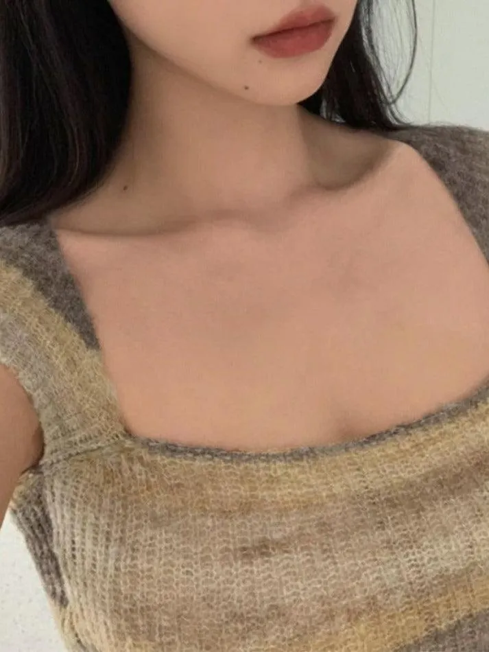 Contrast Color Stripped Square Neck Knit Top