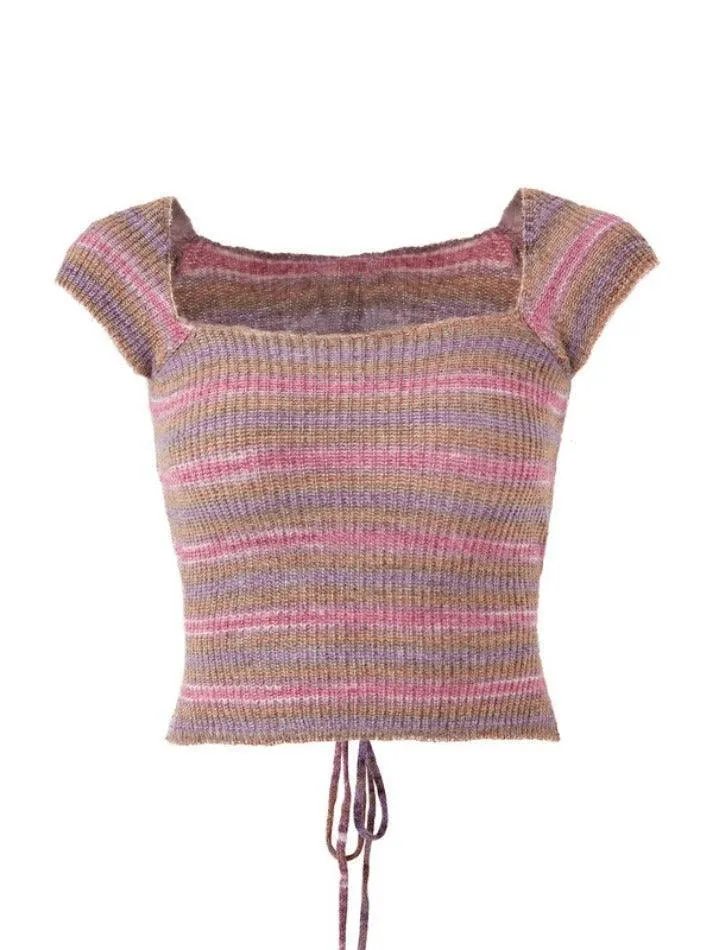 Contrast Color Stripped Square Neck Knit Top