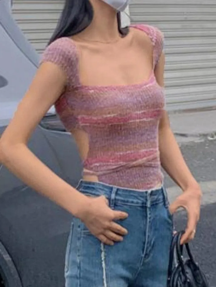 Contrast Color Stripped Square Neck Knit Top