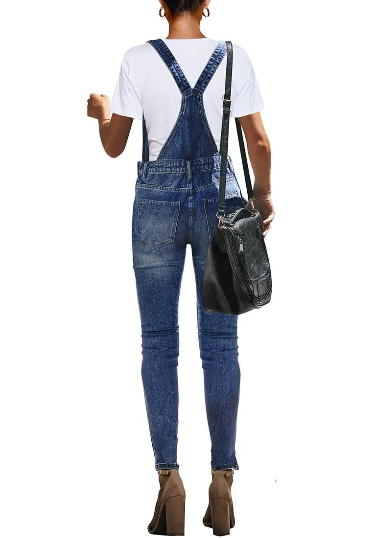 Dark Blue Ripped Denim Skinny Jeans Bib Overall