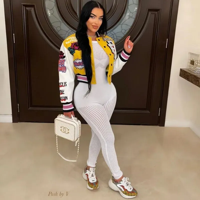 Fashionkova Christmas Gift Outfit  Letter Print Color Patchwork Woolen Varsity Jacket Women Long Sleeve Single Breasted Short Baseball Coat Casual Sporty Outwear