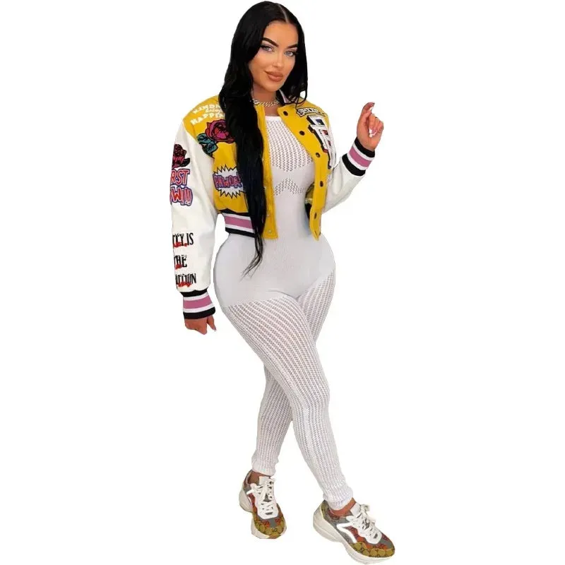 Fashionkova Christmas Gift Outfit  Letter Print Color Patchwork Woolen Varsity Jacket Women Long Sleeve Single Breasted Short Baseball Coat Casual Sporty Outwear