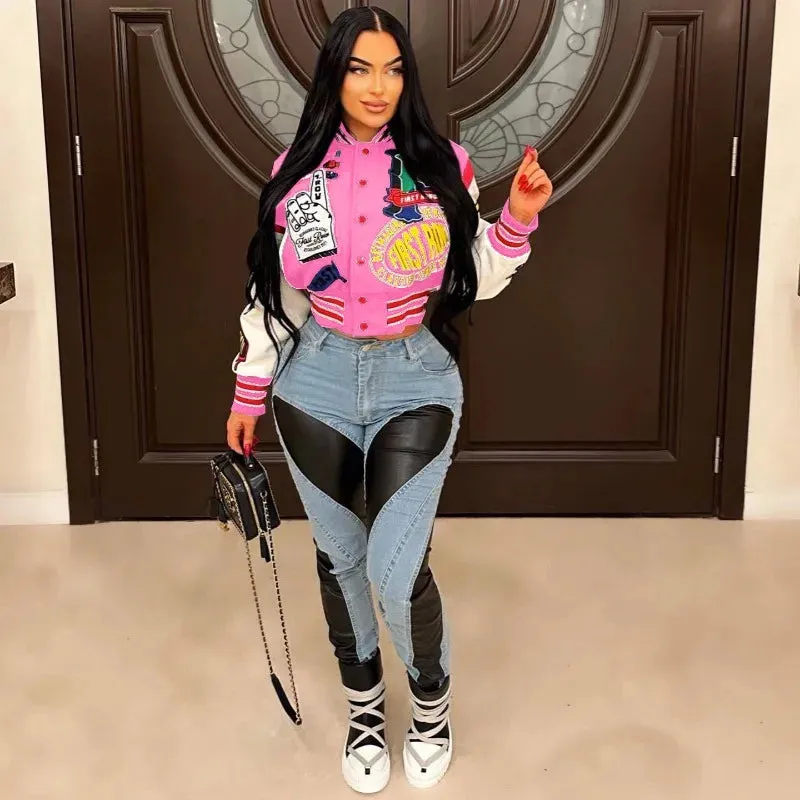 Fashionkova Christmas Gift Outfit  Letter Print Color Patchwork Woolen Varsity Jacket Women Long Sleeve Single Breasted Short Baseball Coat Casual Sporty Outwear