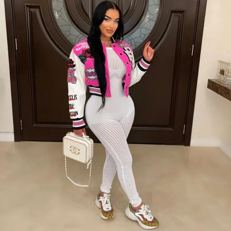Fashionkova Christmas Gift Outfit  Letter Print Color Patchwork Woolen Varsity Jacket Women Long Sleeve Single Breasted Short Baseball Coat Casual Sporty Outwear