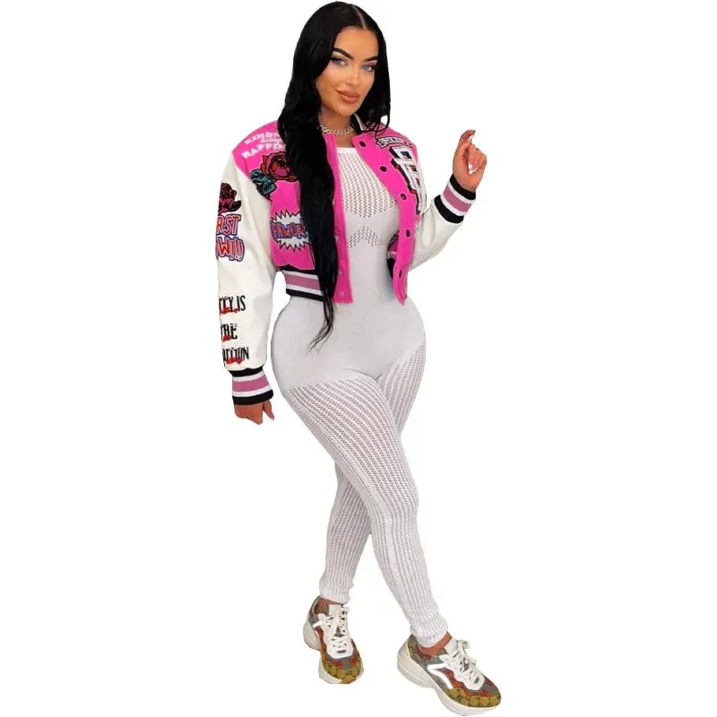 Fashionkova Christmas Gift Outfit  Letter Print Color Patchwork Woolen Varsity Jacket Women Long Sleeve Single Breasted Short Baseball Coat Casual Sporty Outwear