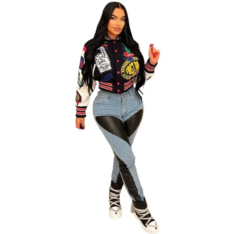 Fashionkova Christmas Gift Outfit  Letter Print Color Patchwork Woolen Varsity Jacket Women Long Sleeve Single Breasted Short Baseball Coat Casual Sporty Outwear