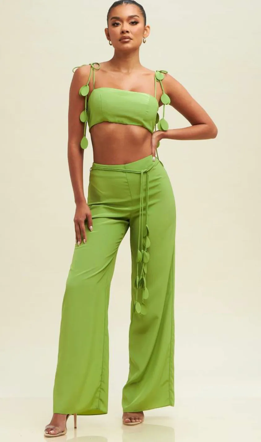 Green tassel crop and pant set