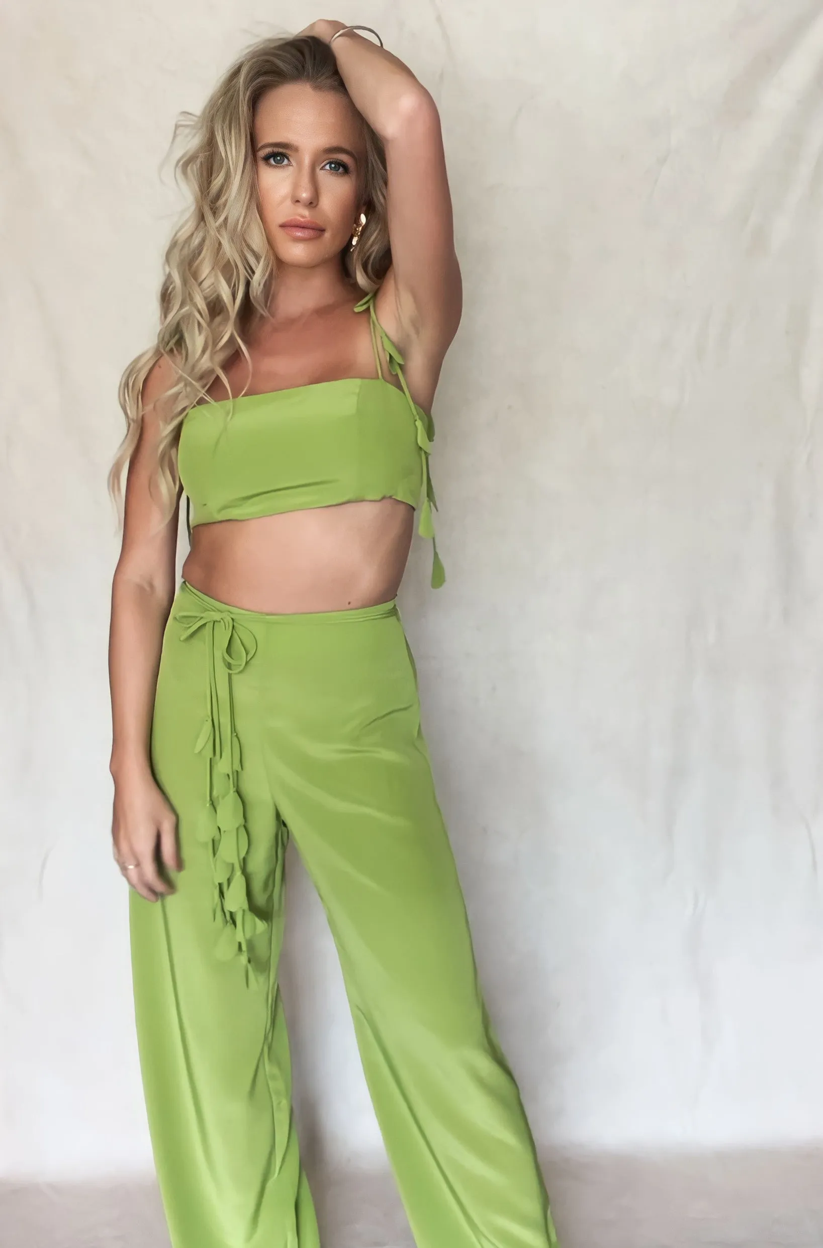 Green tassel crop and pant set