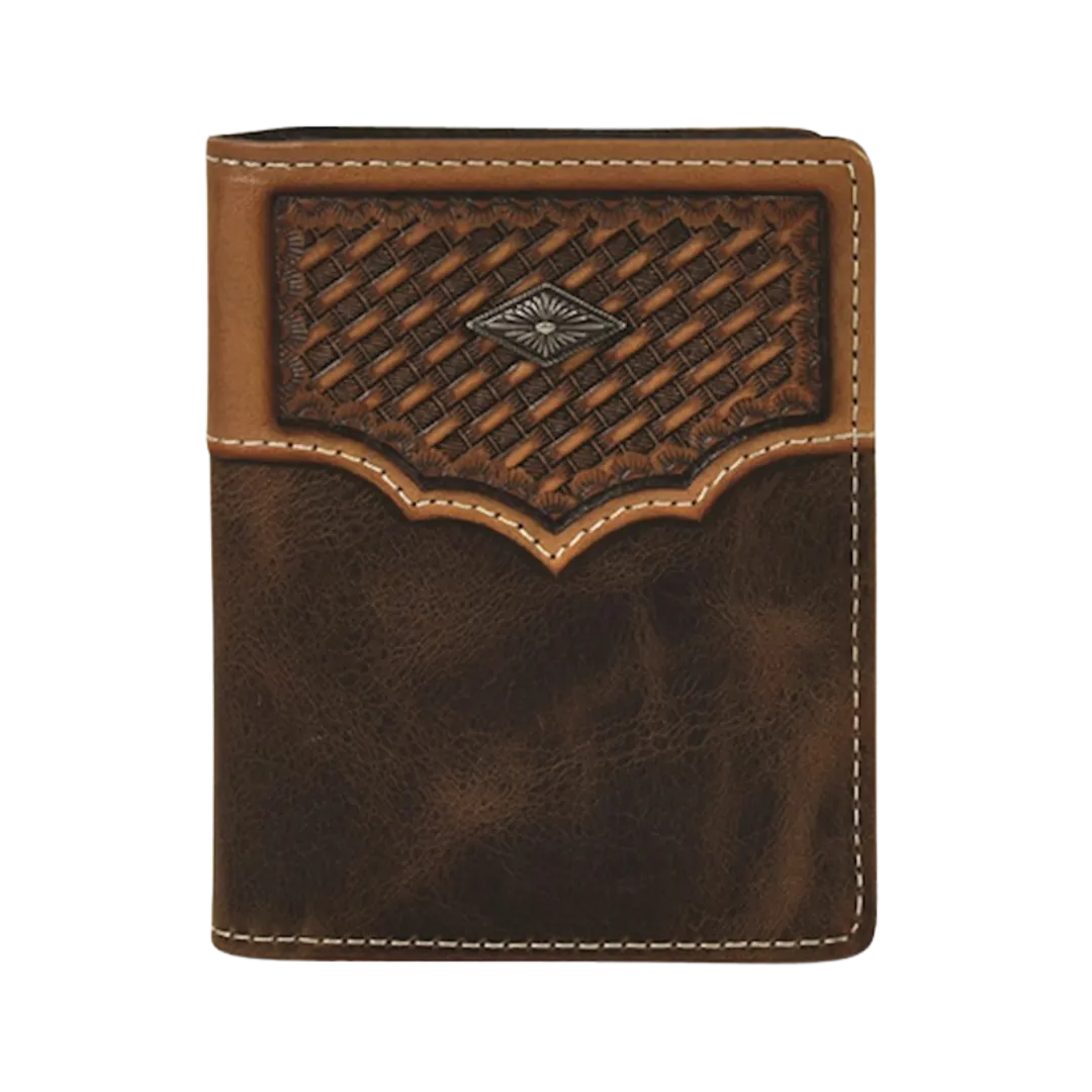 Hooey Leathers Justin Men's Front Pocket Basket Weave Yoke Brown Wallet