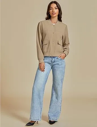 Khaki Women's Casual Fully Buttoned Jackets Baseball Collar Front Pocket Moderate Fit Slight Stretch.
