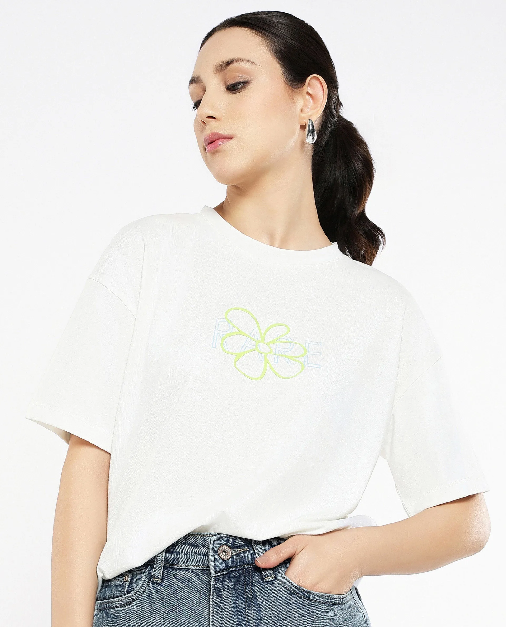Rareism Women Karen Off White Cotton Poly Fabric Short Sleeve Crew Neck Solid T-Shirt