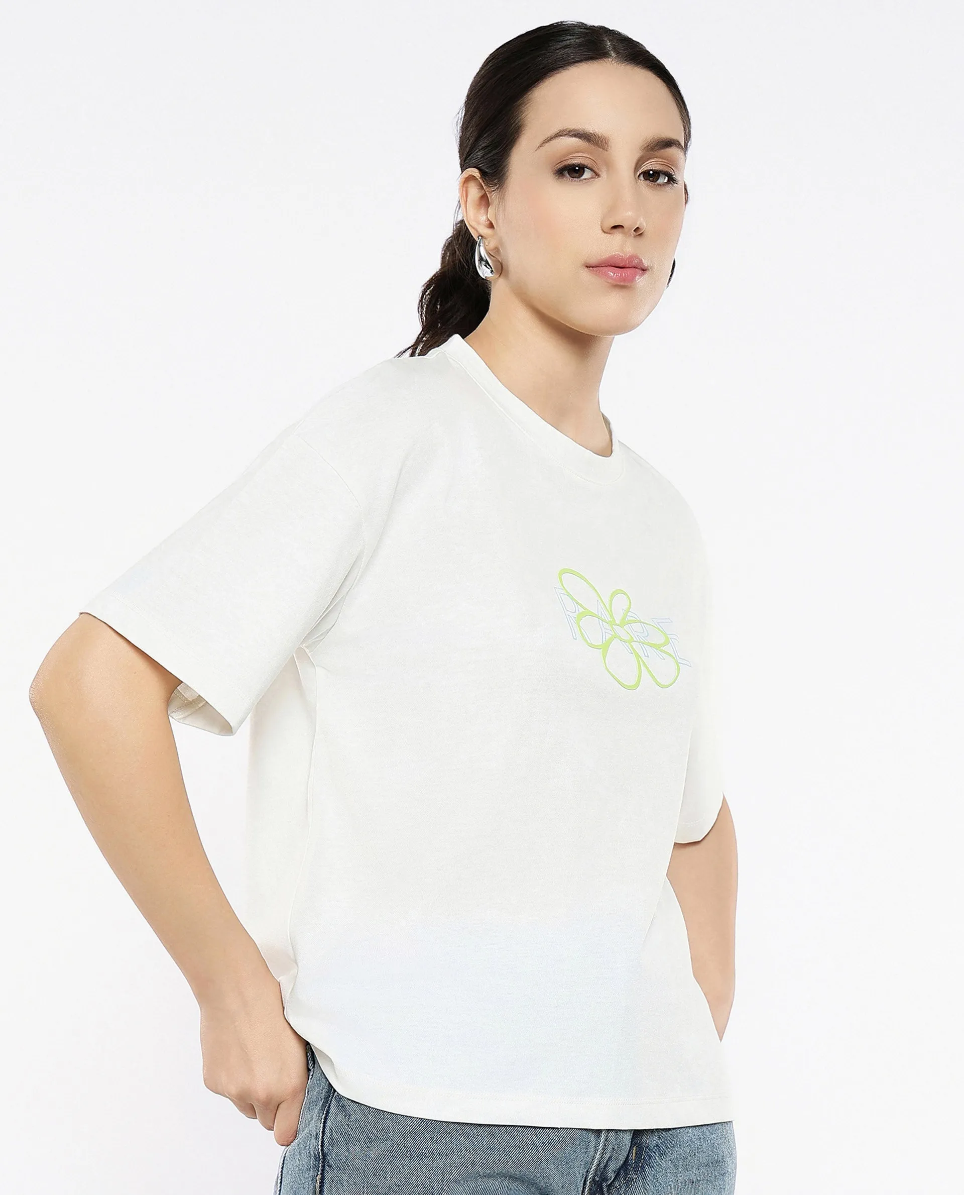 Rareism Women Karen Off White Cotton Poly Fabric Short Sleeve Crew Neck Solid T-Shirt
