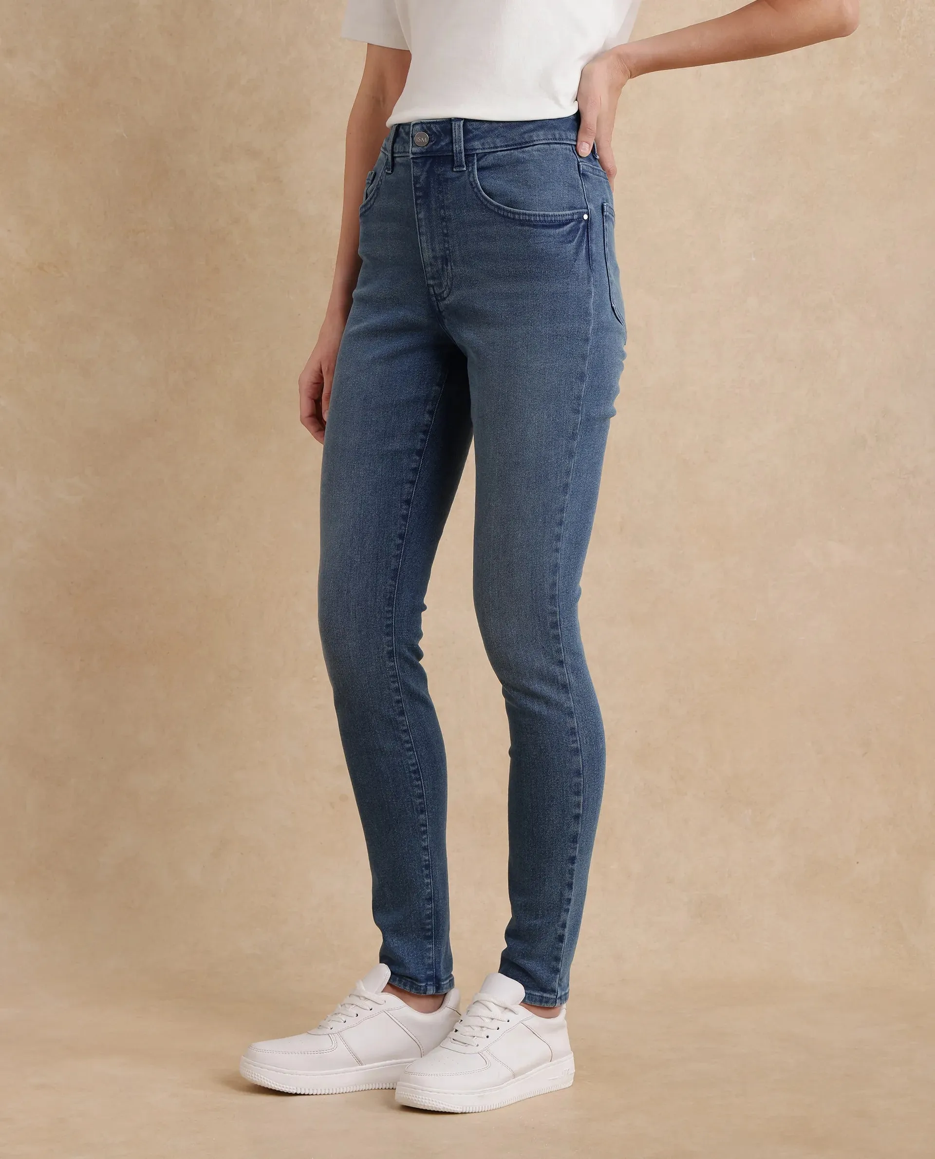 Rareism Women Zinga Blue Cotton Blend Fabric Plain Jeans