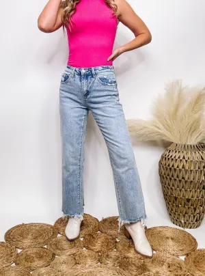Raw Hem Light Wash Cropped Dad Jeans with Comfort Stretch Vervet by Flying Monkey Jeans