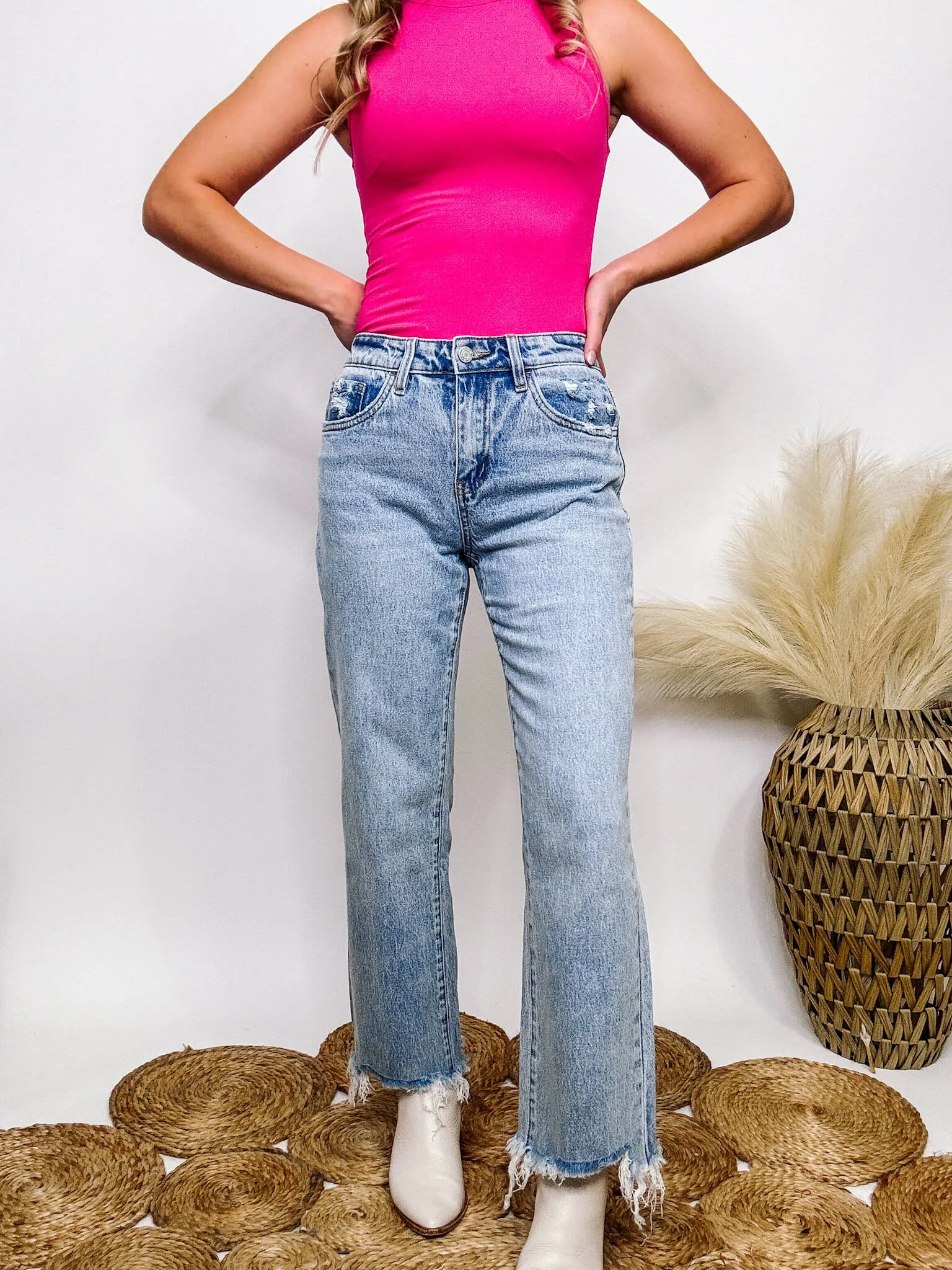 Raw Hem Light Wash Cropped Dad Jeans with Comfort Stretch Vervet by Flying Monkey Jeans