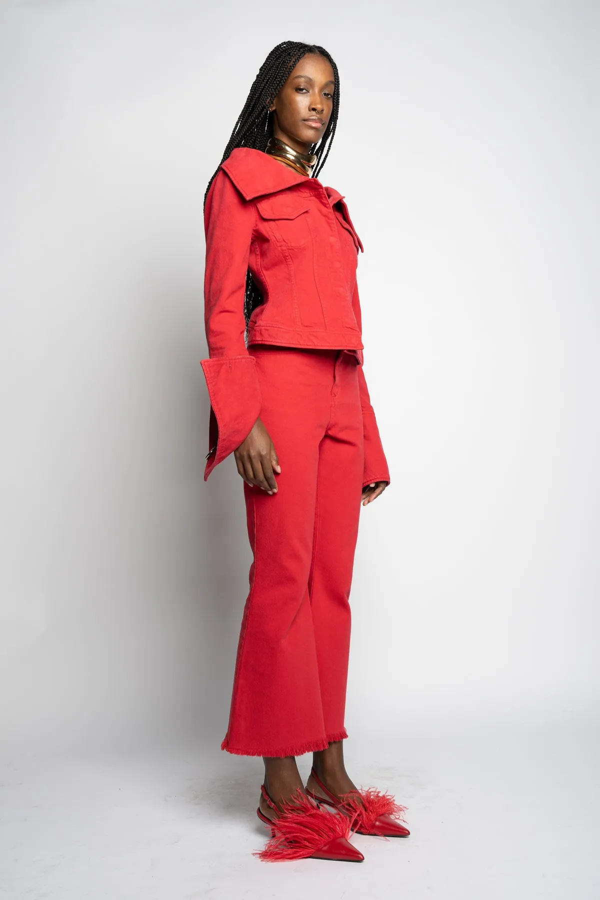 RED OFF-SHOULDER COLLAR JACKET