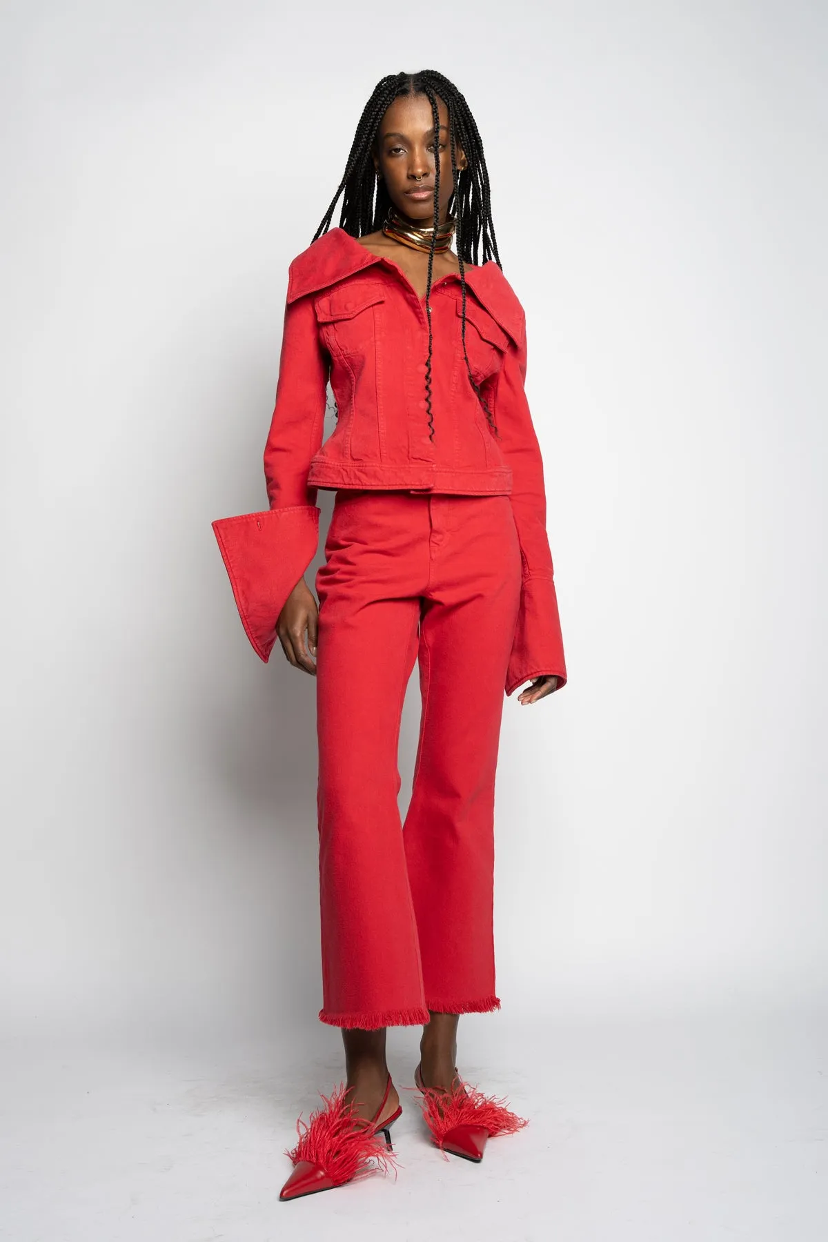RED OFF-SHOULDER COLLAR JACKET