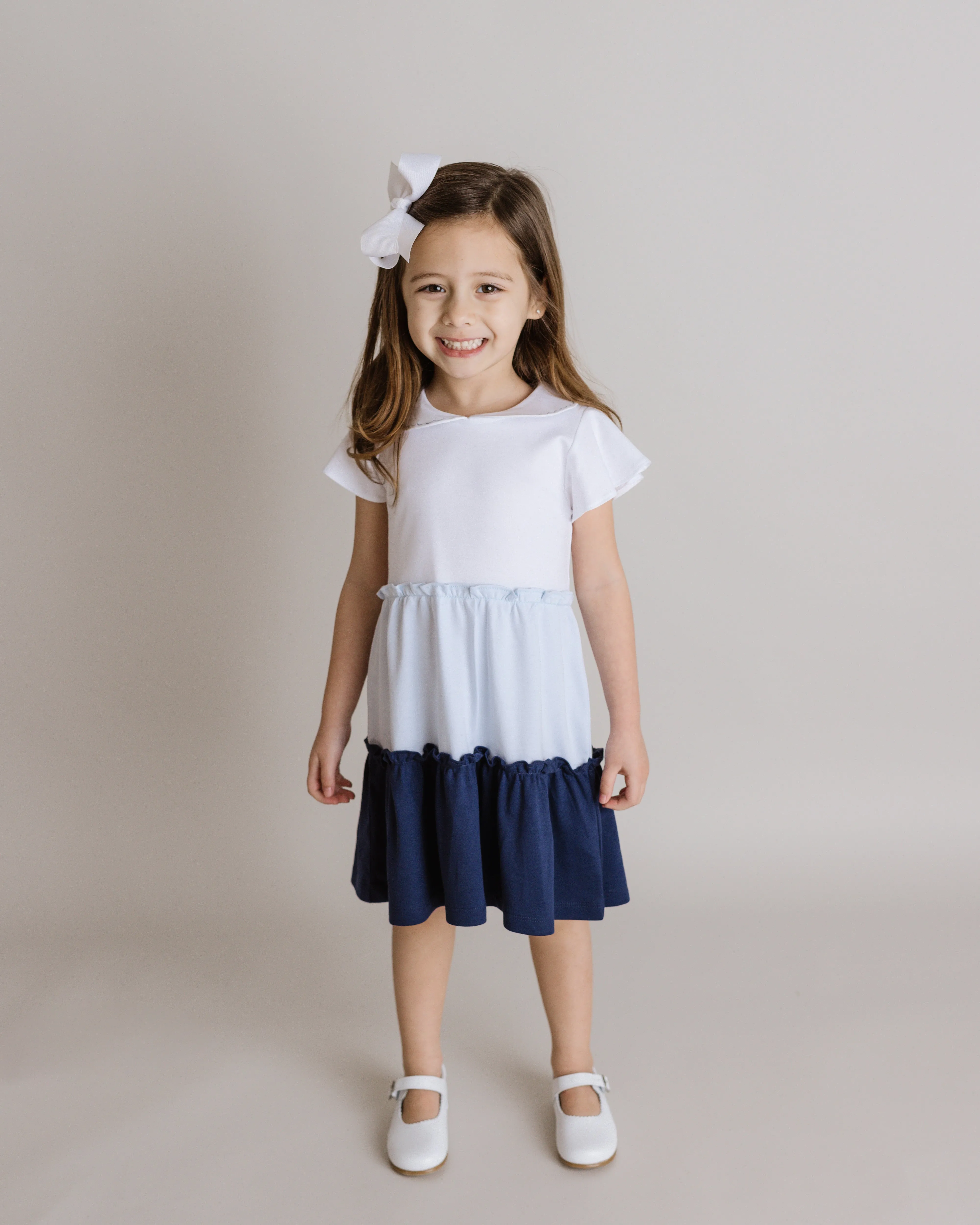 School Days Colorblock Pima Dress, Toddler Girls, White and Blue