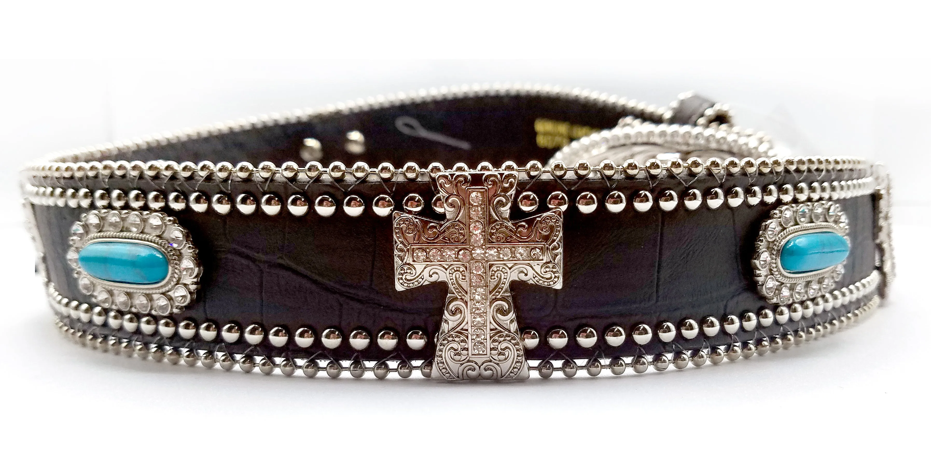 Silver And Turquoise Cross Belt With Black Leather