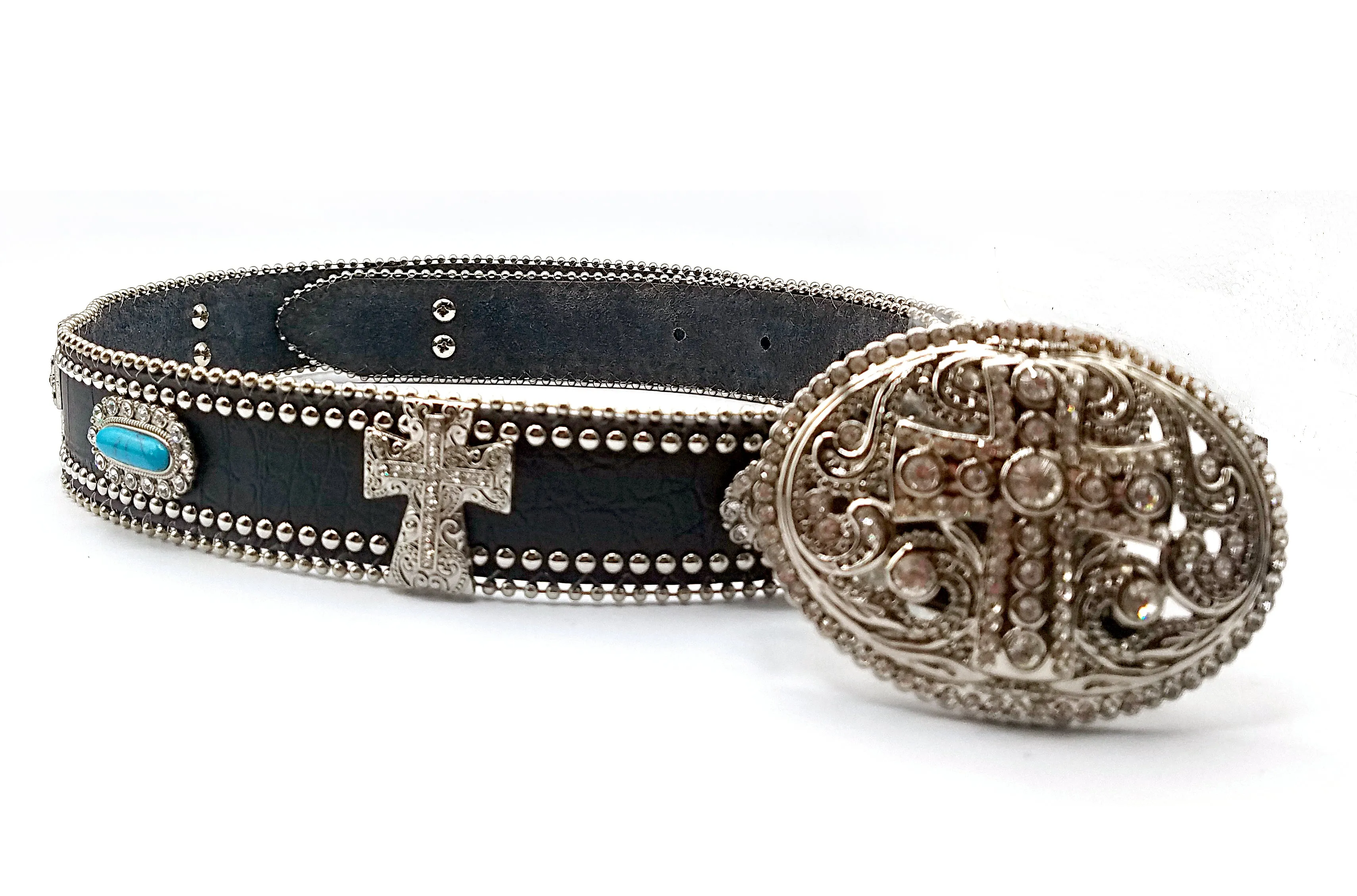 Silver And Turquoise Cross Belt With Black Leather