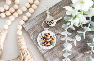 Sunflower Cowboy Key Ring, Cowboy Hat Key Tag, Cowboy boots Keyring, Country Design key tag