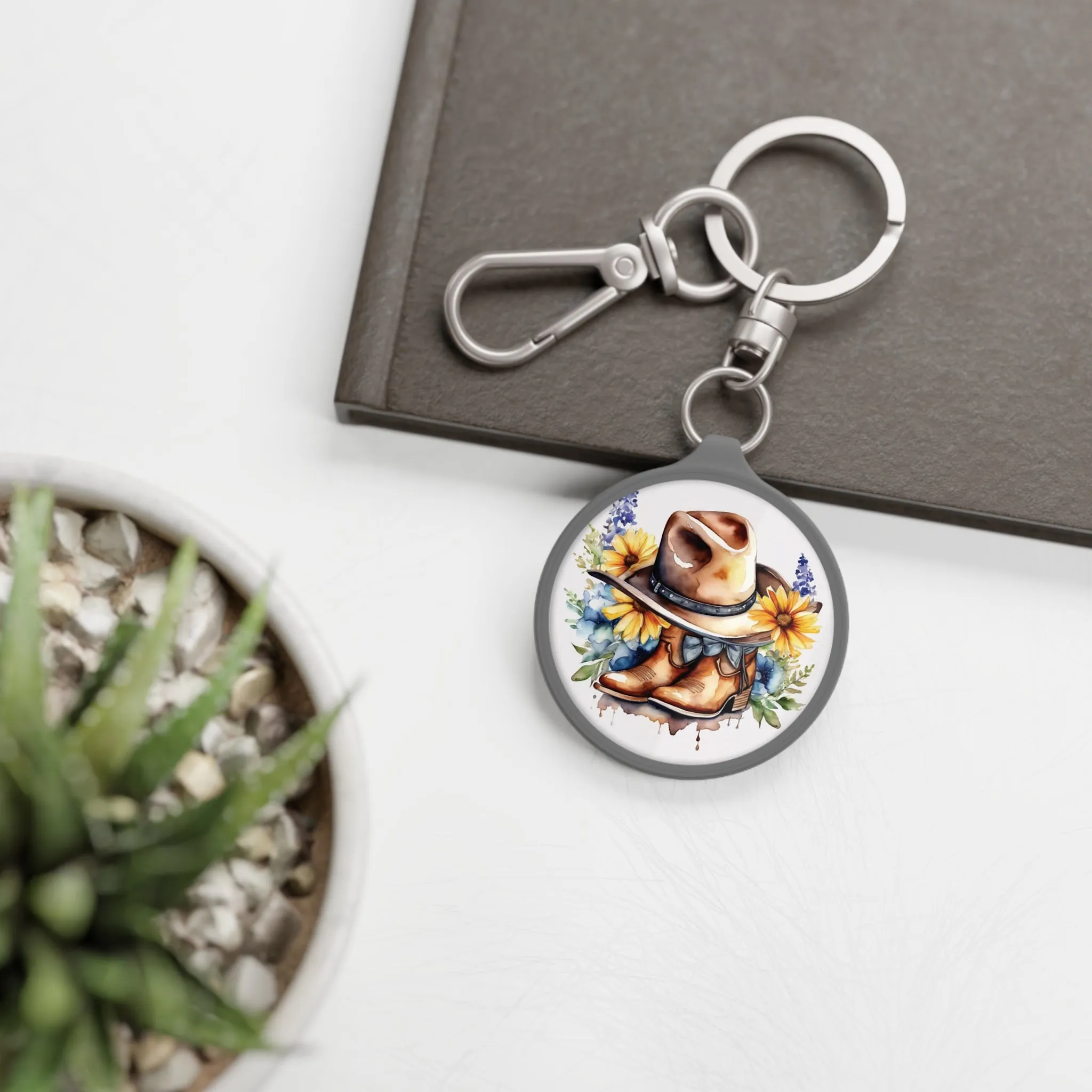 Sunflower Cowboy Key Ring, Cowboy Hat Key Tag, Cowboy boots Keyring, Country Design key tag
