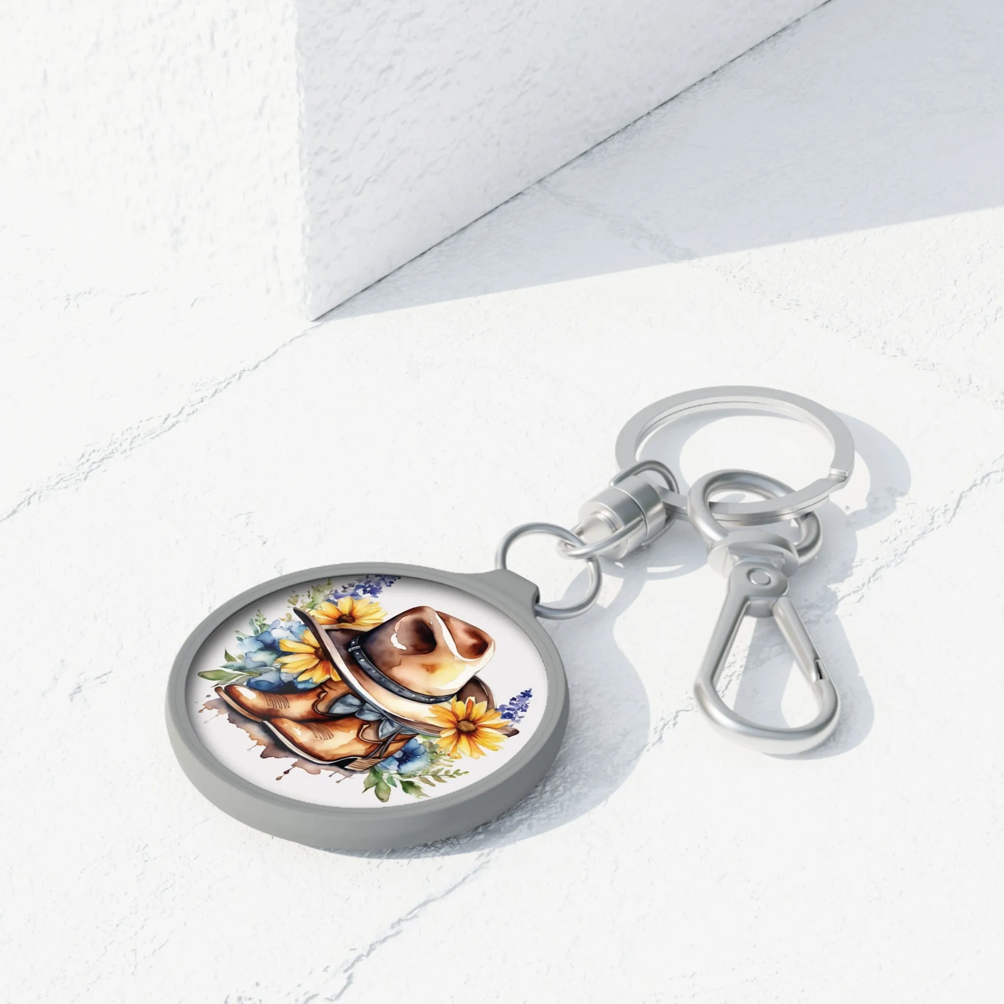 Sunflower Cowboy Key Ring, Cowboy Hat Key Tag, Cowboy boots Keyring, Country Design key tag
