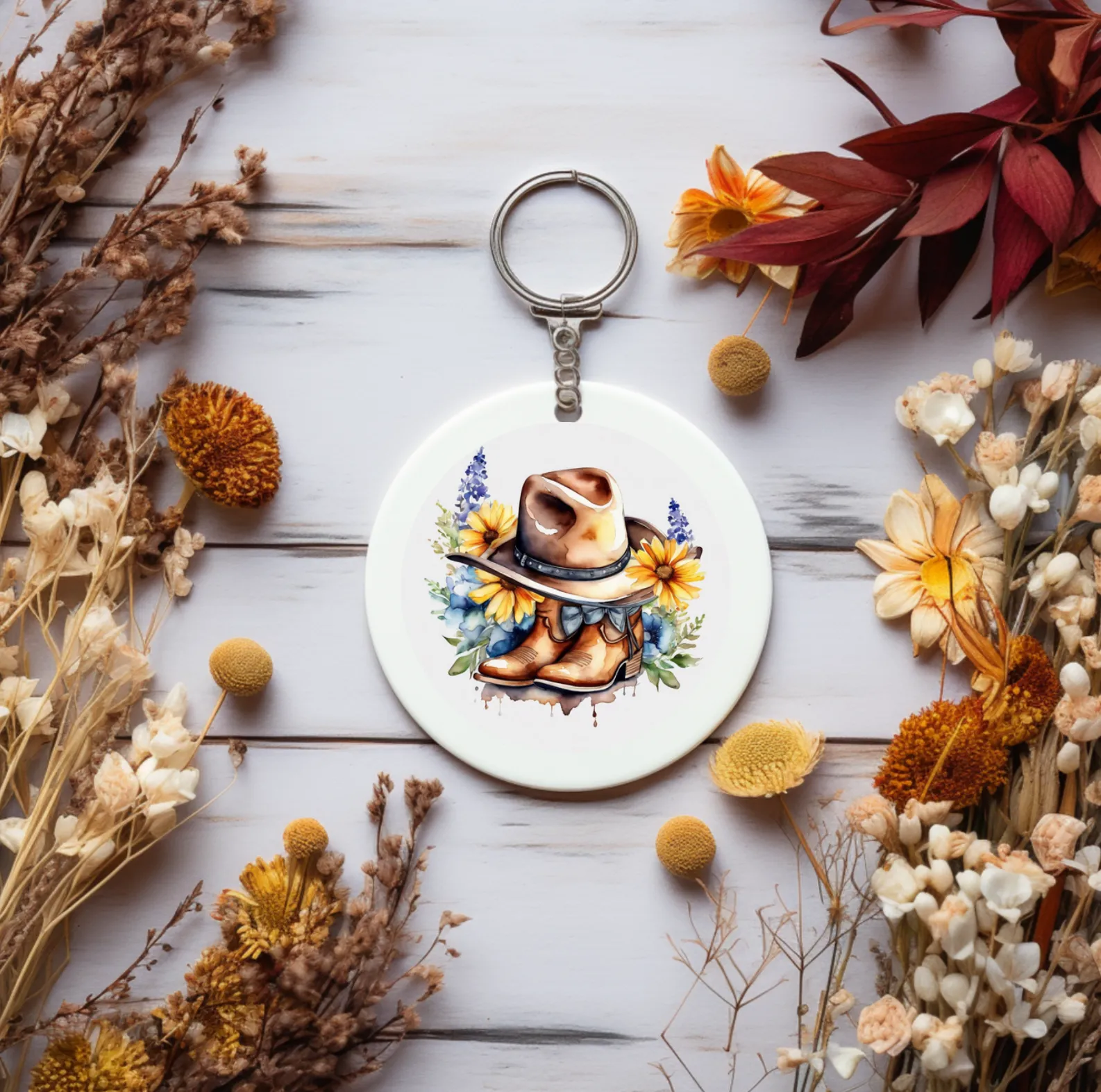 Sunflower Cowboy Key Ring, Cowboy Hat Key Tag, Cowboy boots Keyring, Country Design key tag