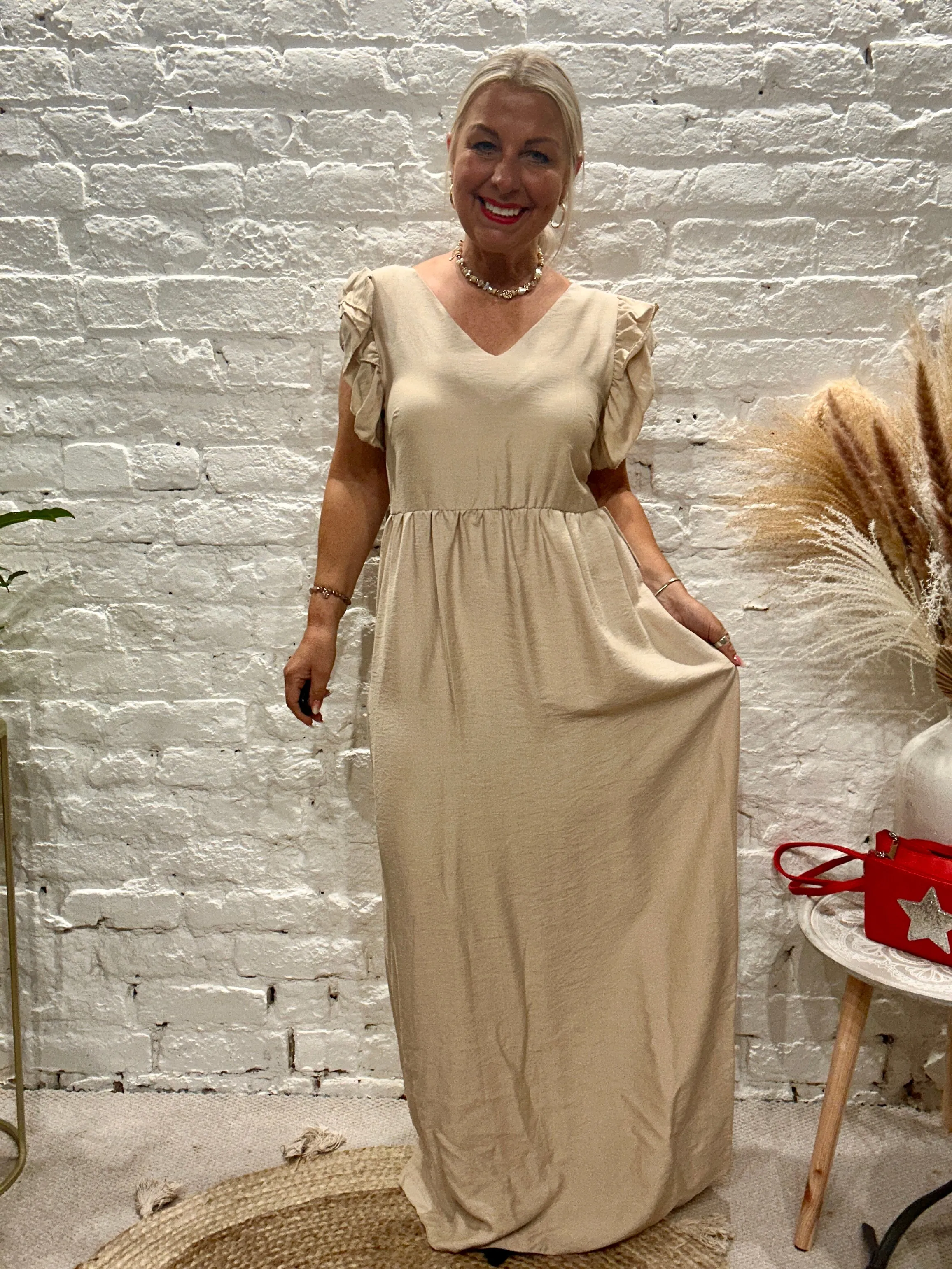 Urban Edge Sandbar Crepe Button Back Maxi Dress