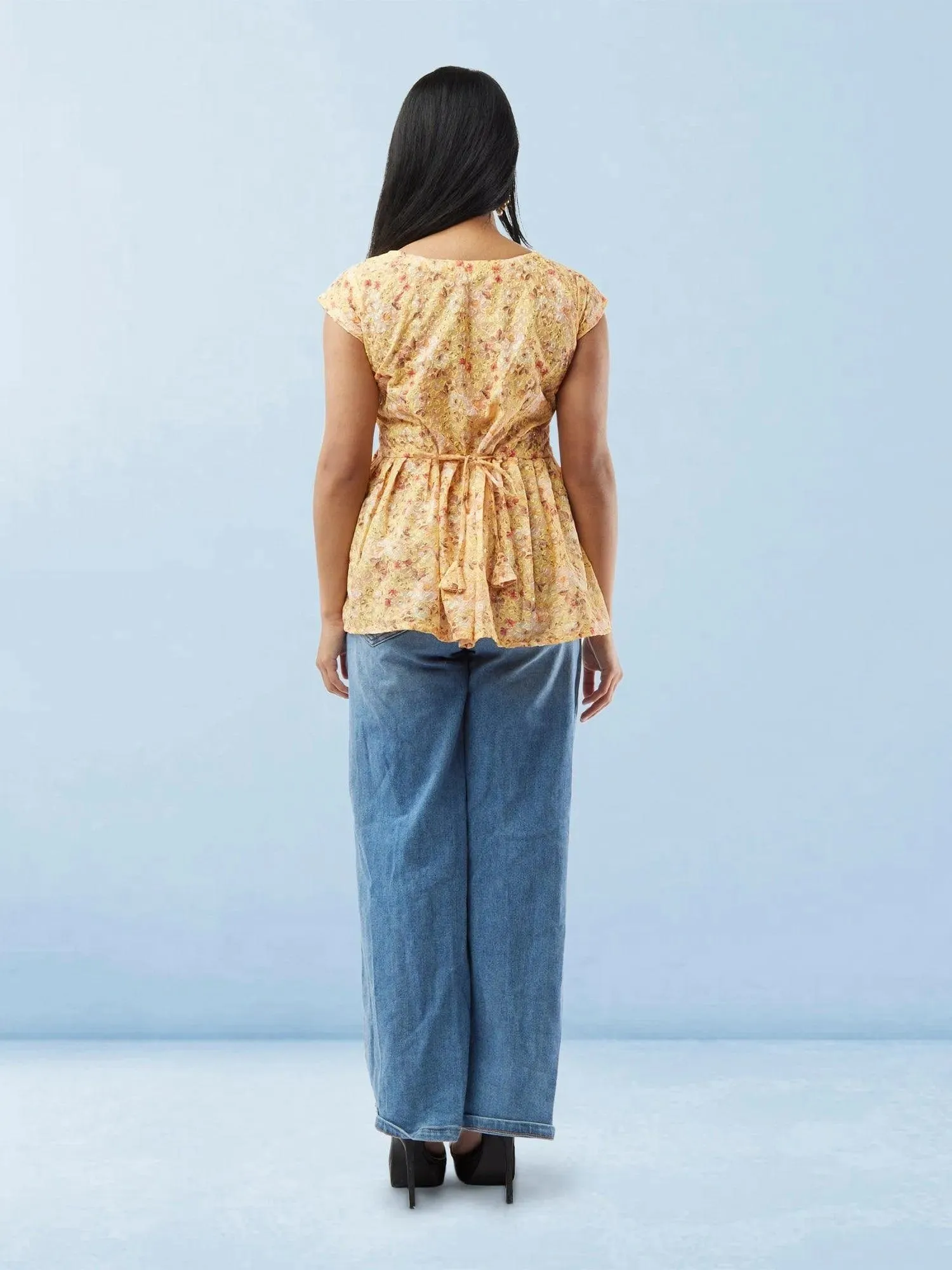 Vibrant Verve - Yellow Printed Short Top with Collar