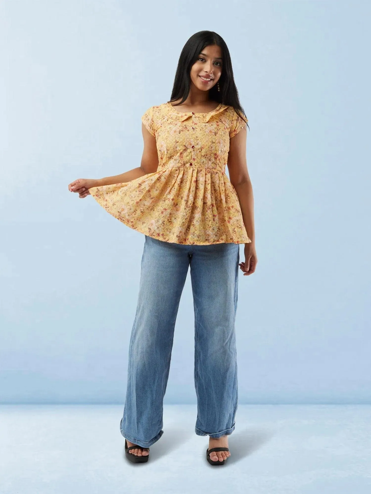 Vibrant Verve - Yellow Printed Short Top with Collar