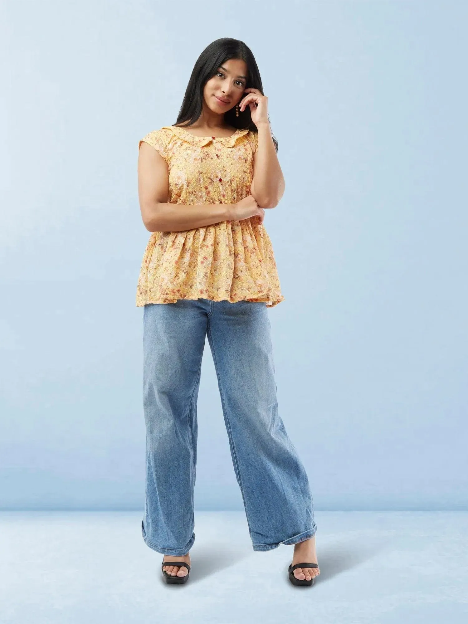 Vibrant Verve - Yellow Printed Short Top with Collar