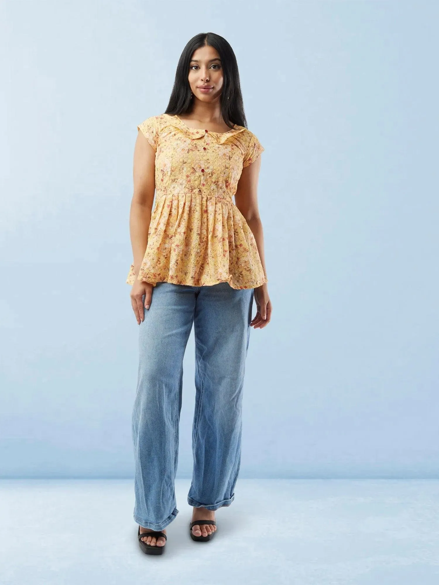 Vibrant Verve - Yellow Printed Short Top with Collar