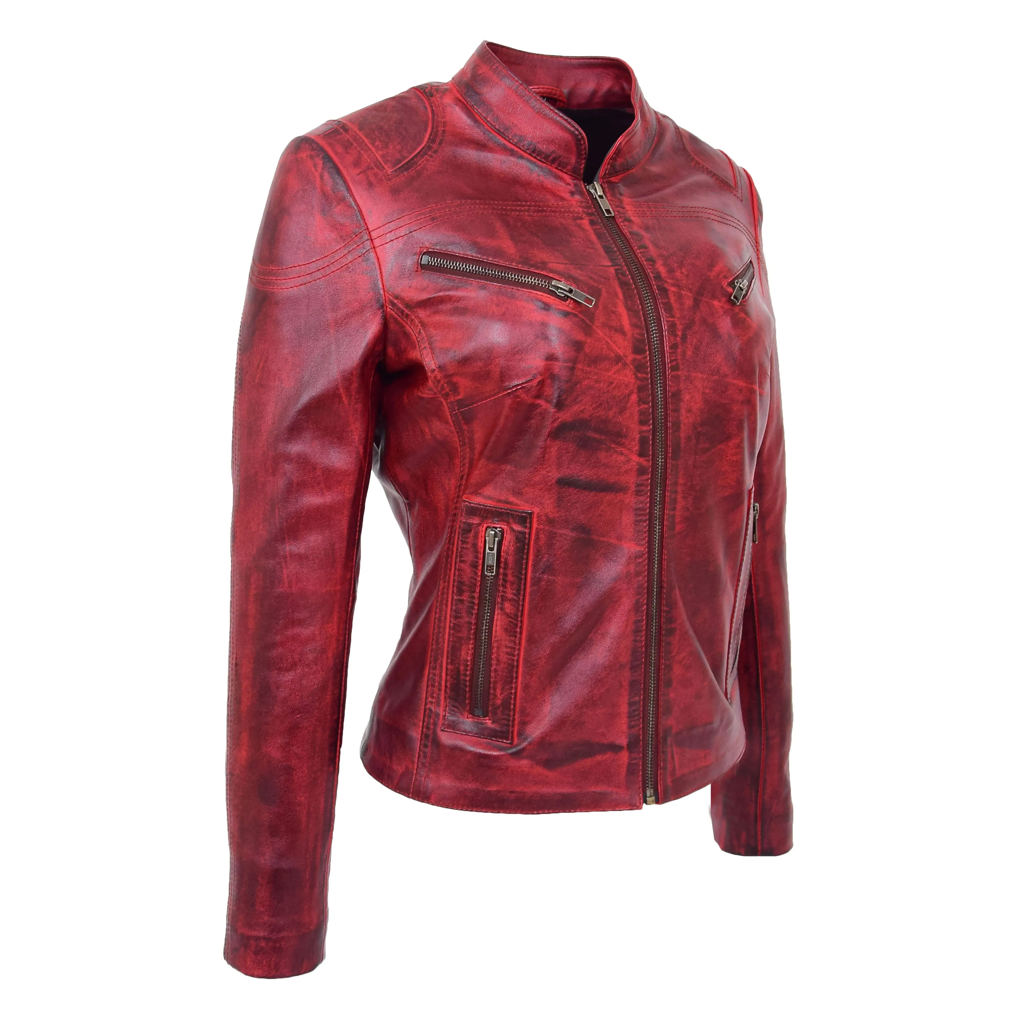 Womens Fitted Leather Biker Jacket Casual Zip Up Coat Jenny Dirty Red