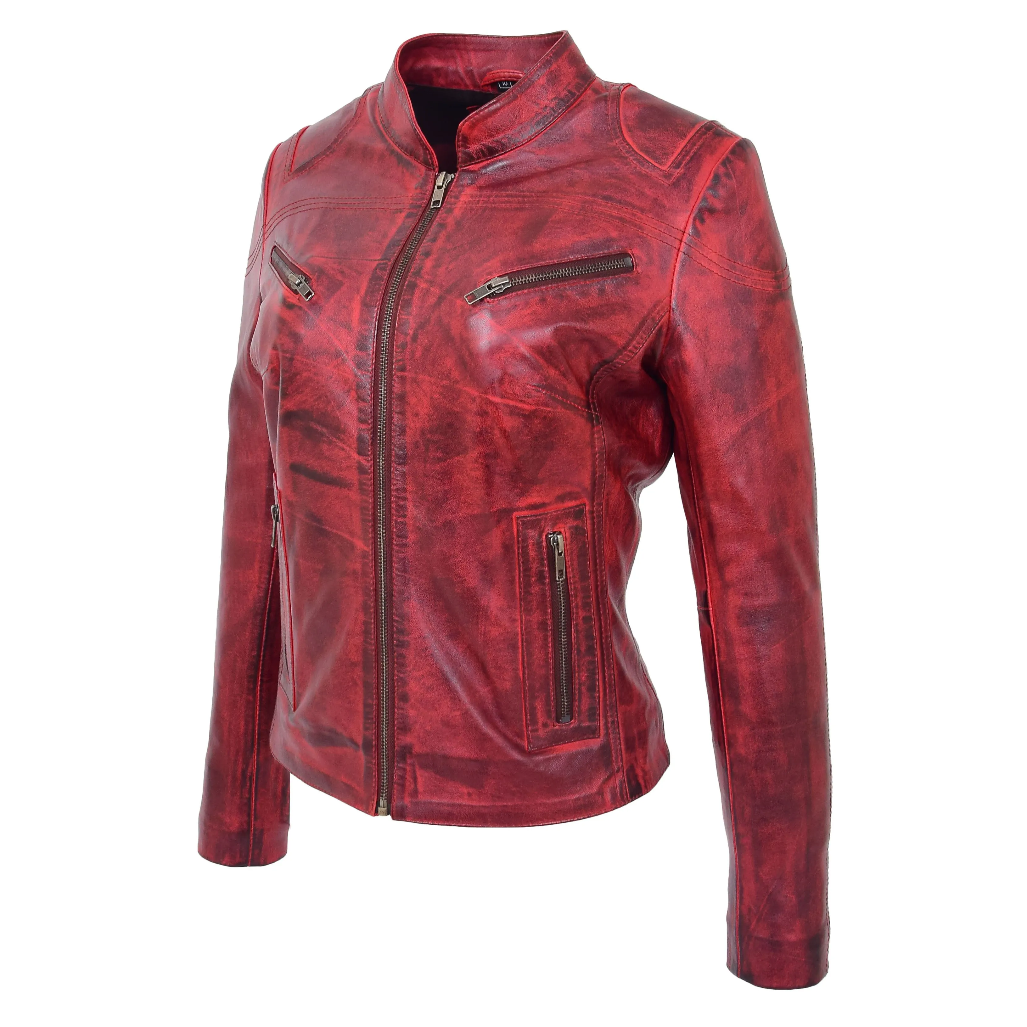 Womens Fitted Leather Biker Jacket Casual Zip Up Coat Jenny Dirty Red