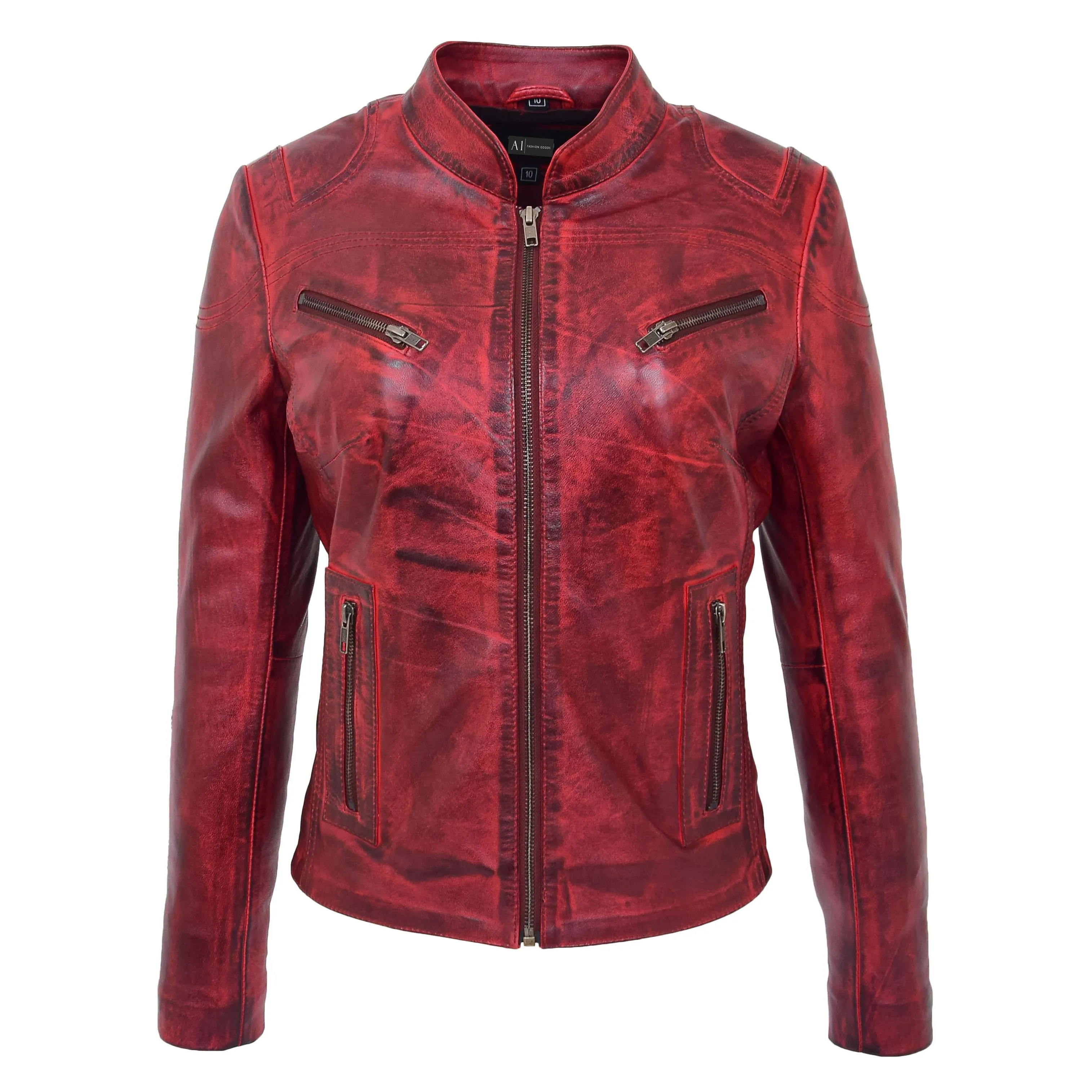 Womens Fitted Leather Biker Jacket Casual Zip Up Coat Jenny Dirty Red