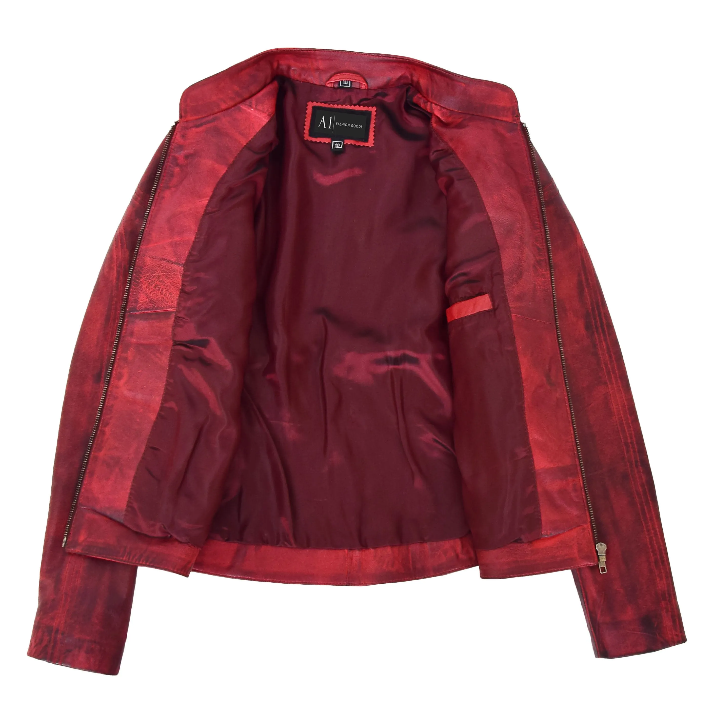 Womens Fitted Leather Biker Jacket Casual Zip Up Coat Jenny Dirty Red