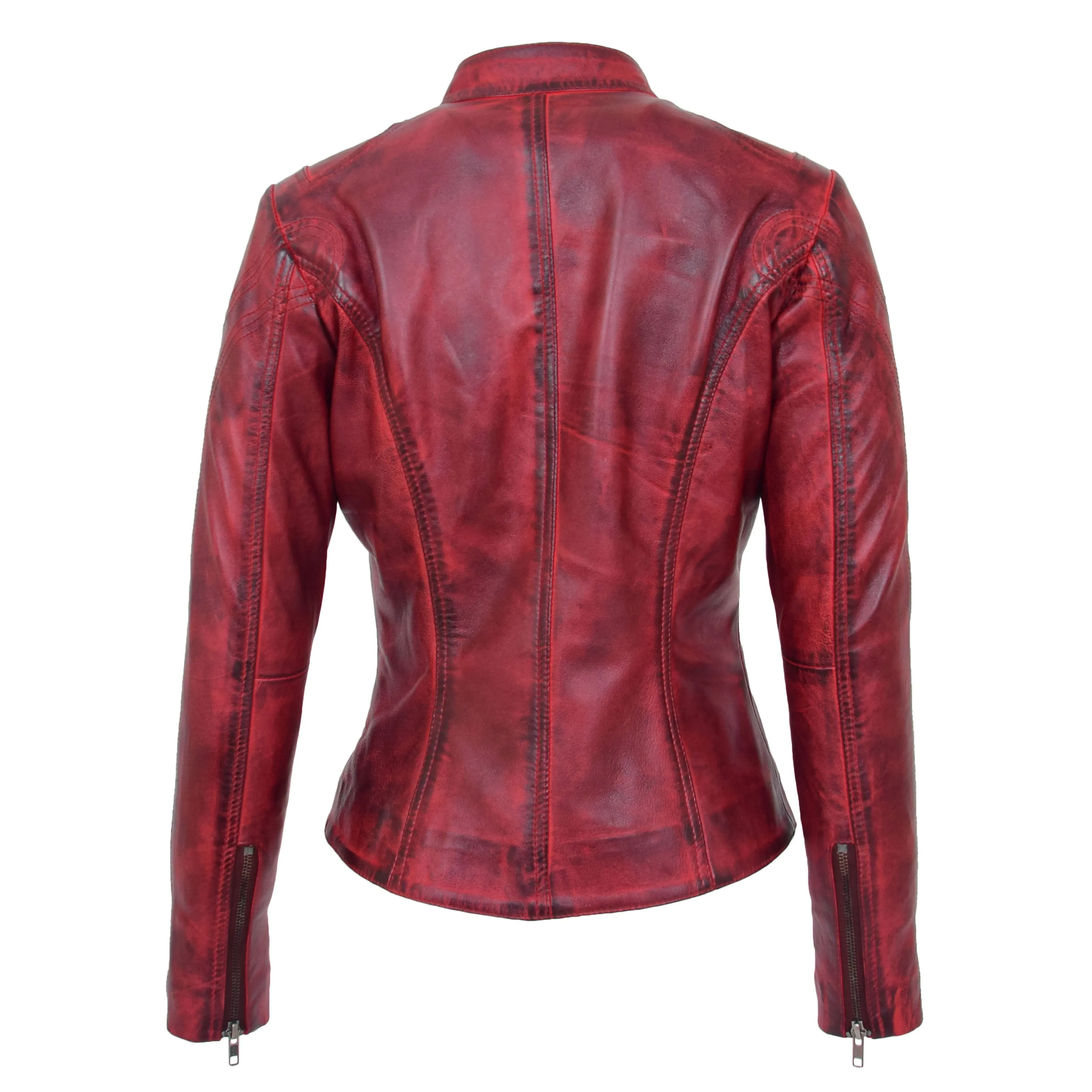 Womens Fitted Leather Biker Jacket Casual Zip Up Coat Jenny Dirty Red