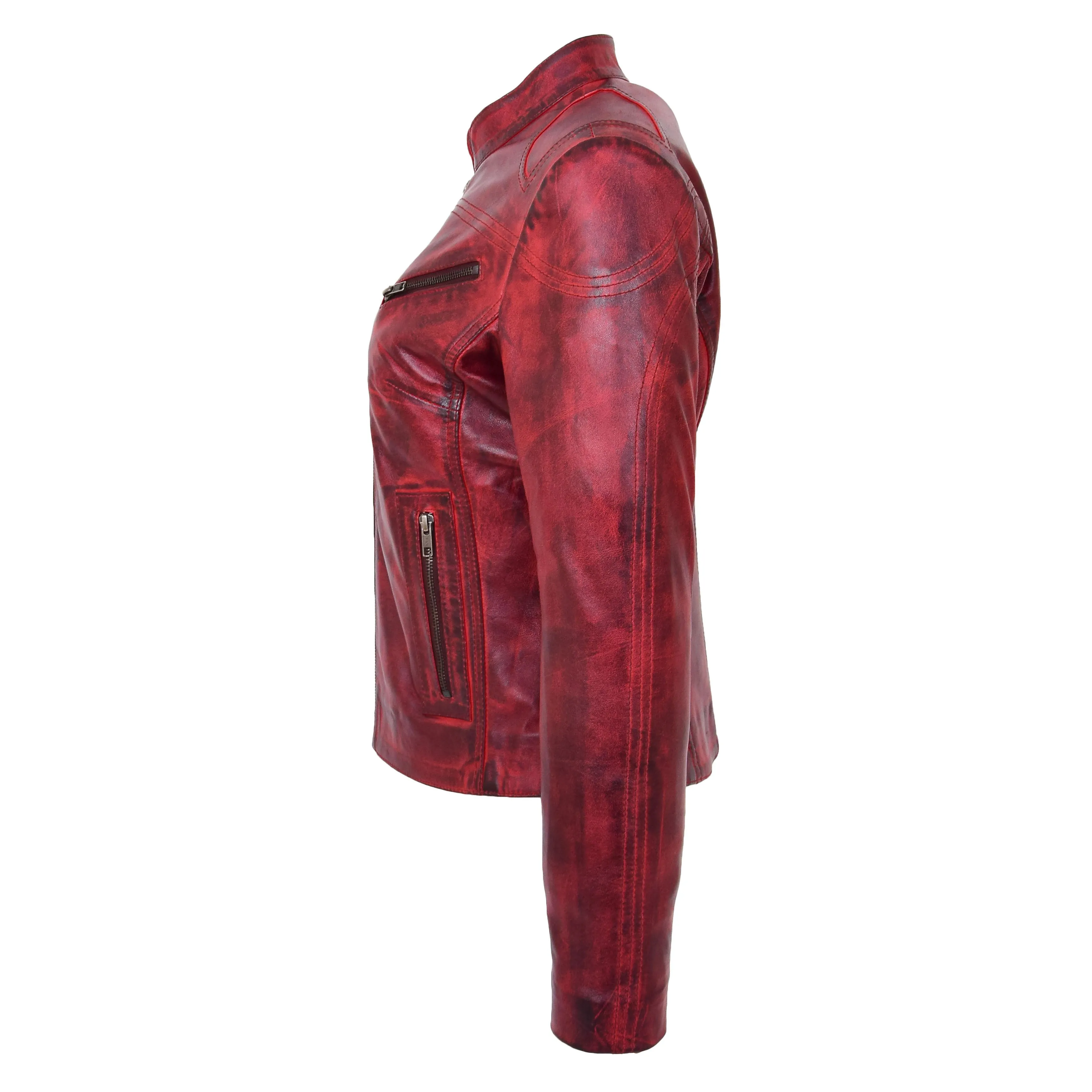 Womens Fitted Leather Biker Jacket Casual Zip Up Coat Jenny Dirty Red
