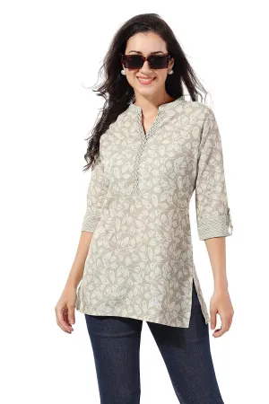 Women's Rayon Printed 3/4 Sleeve Mini Kurti Tunic Top - Solid Crew Neck Ethnic Wear