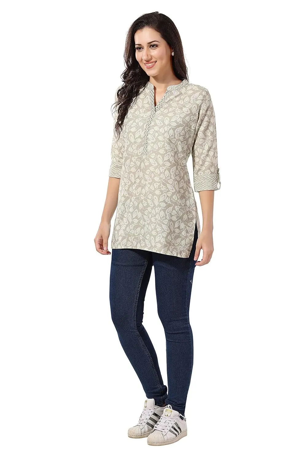 Women's Rayon Printed 3/4 Sleeve Mini Kurti Tunic Top - Solid Crew Neck Ethnic Wear
