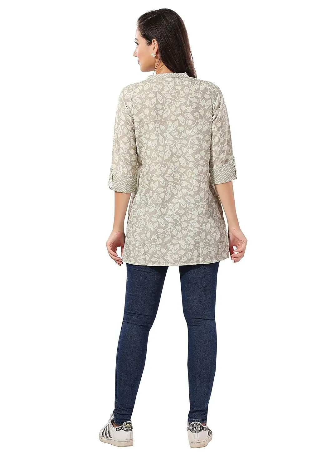 Women's Rayon Printed 3/4 Sleeve Mini Kurti Tunic Top - Solid Crew Neck Ethnic Wear