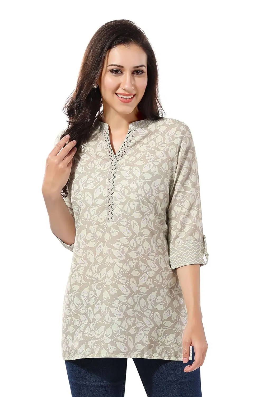 Women's Rayon Printed 3/4 Sleeve Mini Kurti Tunic Top - Solid Crew Neck Ethnic Wear