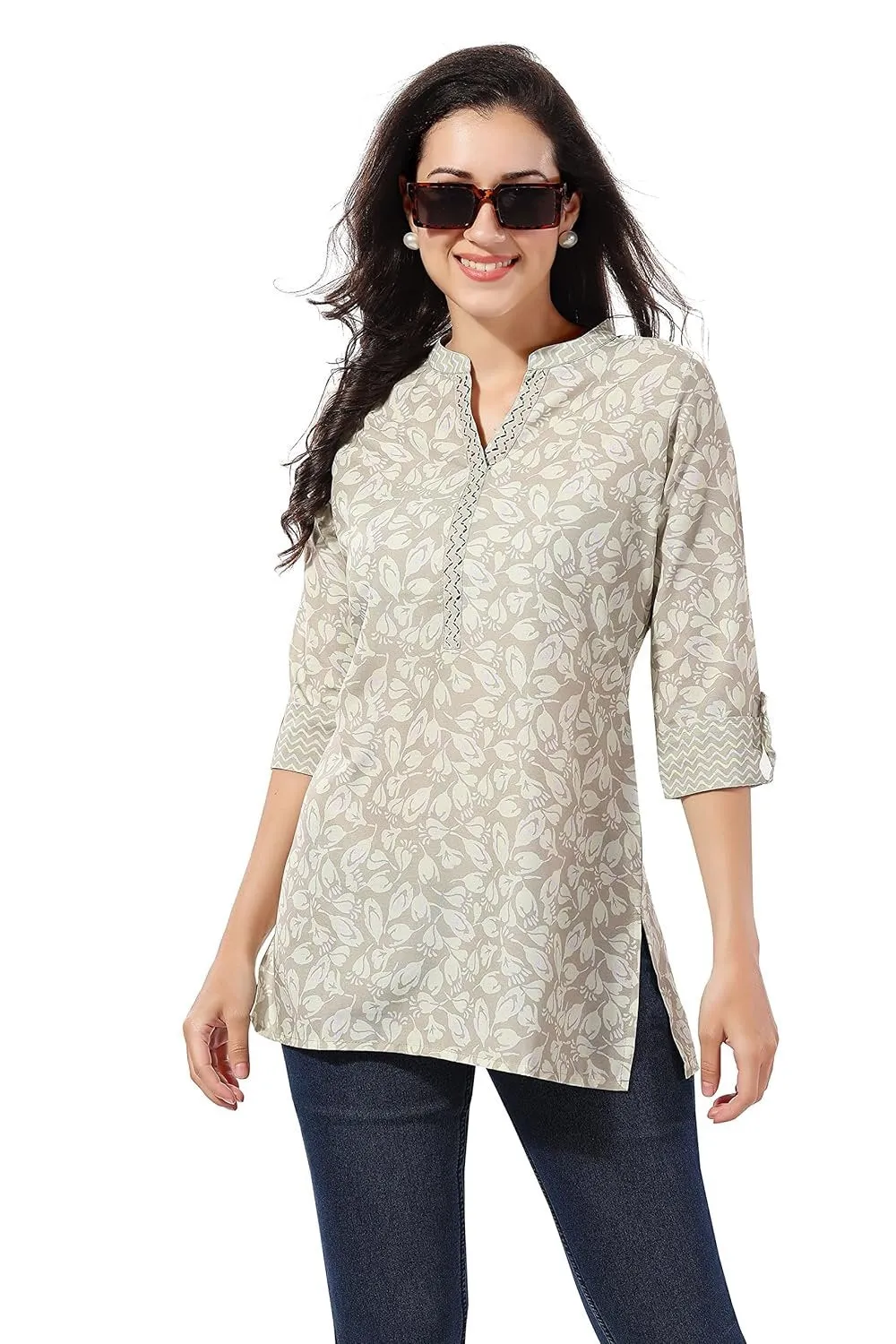Women's Rayon Printed 3/4 Sleeve Mini Kurti Tunic Top - Solid Crew Neck Ethnic Wear