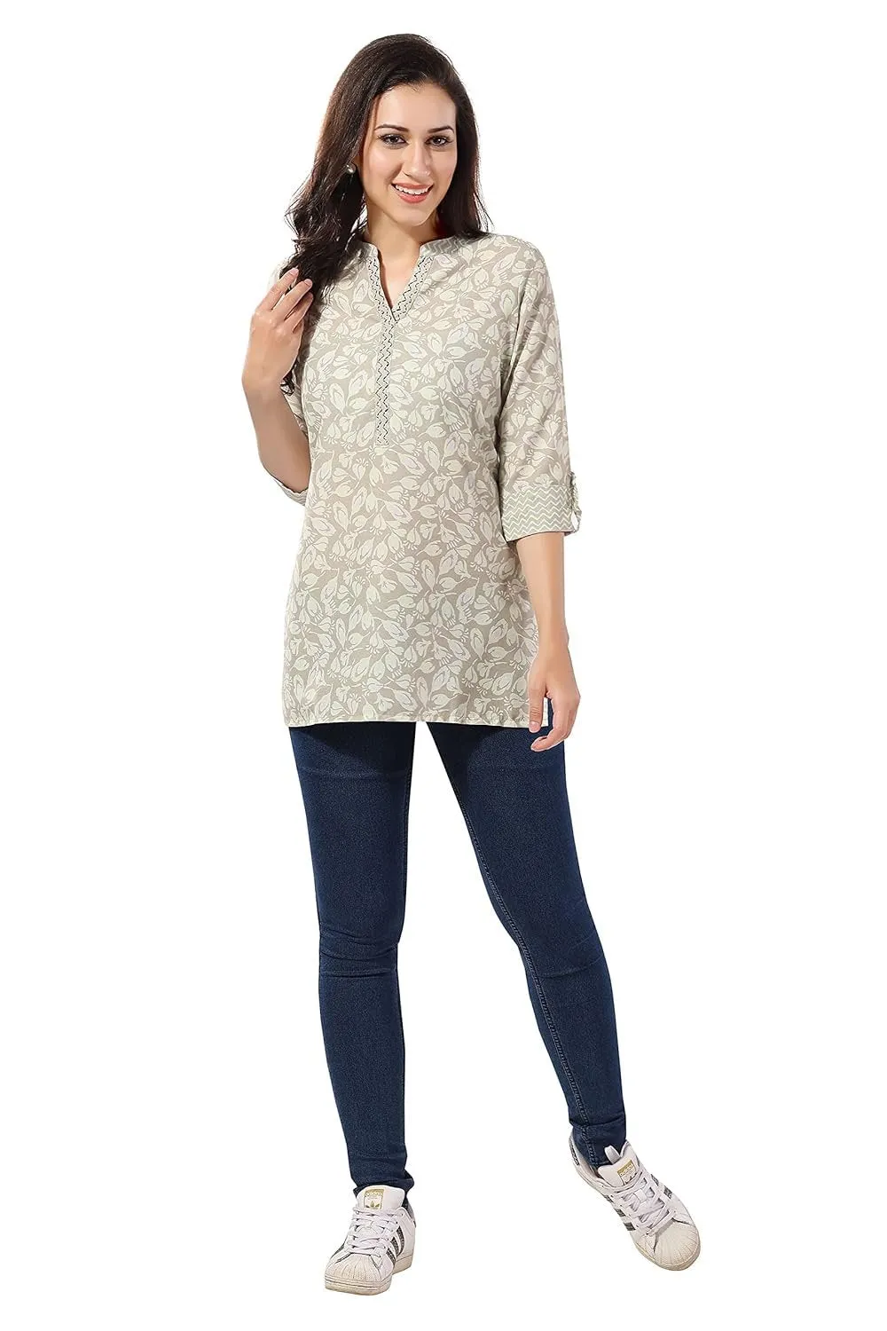Women's Rayon Printed 3/4 Sleeve Mini Kurti Tunic Top - Solid Crew Neck Ethnic Wear